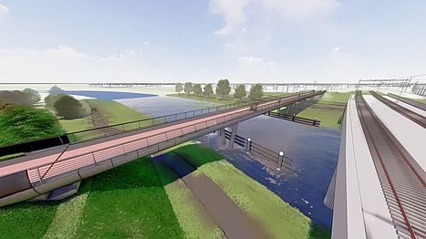 Een sfeerimpressie van de nieuwe brug over de Lage Vaart. De brug ligt niet meer aan het spoor. De brug gaat over de Lage Vaart en over de N-weg.