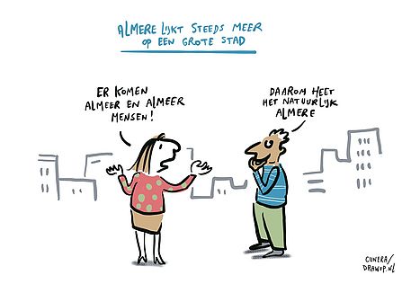 Man en vrouw praten met elkaar; tekst boven illustratie: Almere lijkt steeds meer op een grote stad,  Vrouw zegt: 'Er komen Almeer en Almeer mensen.' Man zegt: 'Daarom heet het natuurlijk Almere.'