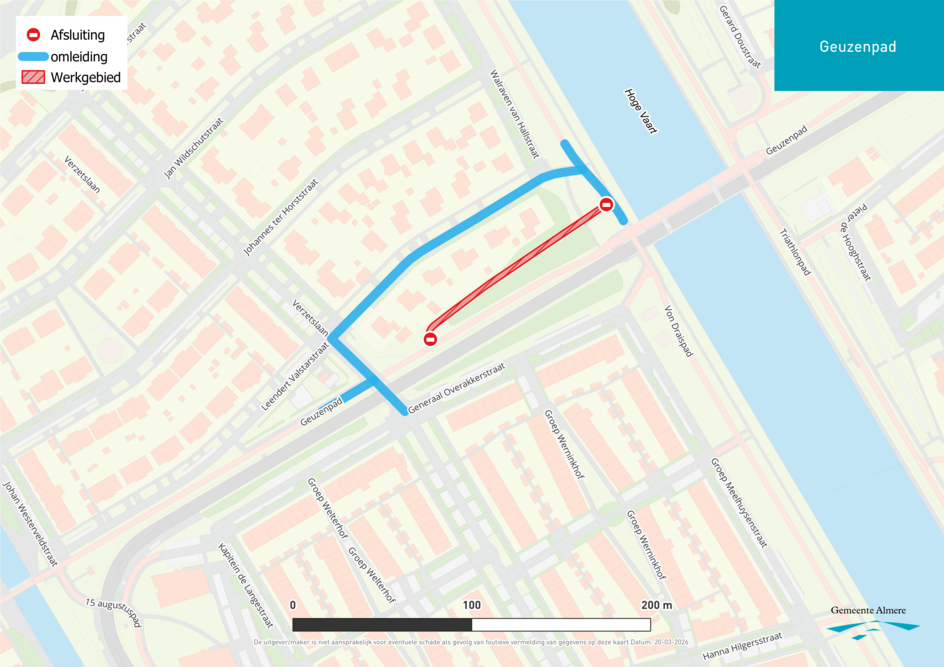 Kaart met omleiding voor afsluiting Geuzenpad in Almere.