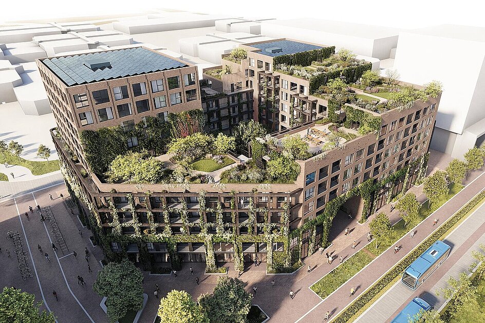 Het gebouw is lichtbruin van kleur, met veel planten enstruiken op de gevels en daken. Ook liggen er op een deel van het dak zonnepanelen. Het gebouw is afwisselend in hoogte, tussen 5 en 10 verdiepingen.