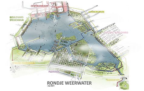 Afbeelding van Rondje Weerwater met daarin Centrumkade, Lumièrepark, Groene Boulevard, Zuidoever, Floriade, Strand Zuidoever en Boulevard Stedenwijk