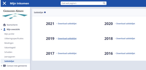 Screenshot van Mijn Inkomen. De pagina 'Saldobiljet' wordt getoond. De saldobiljetten zijn gesorteerd op jaar. Achter het jaar staat de tekst ‘Download saldobiljet‘.