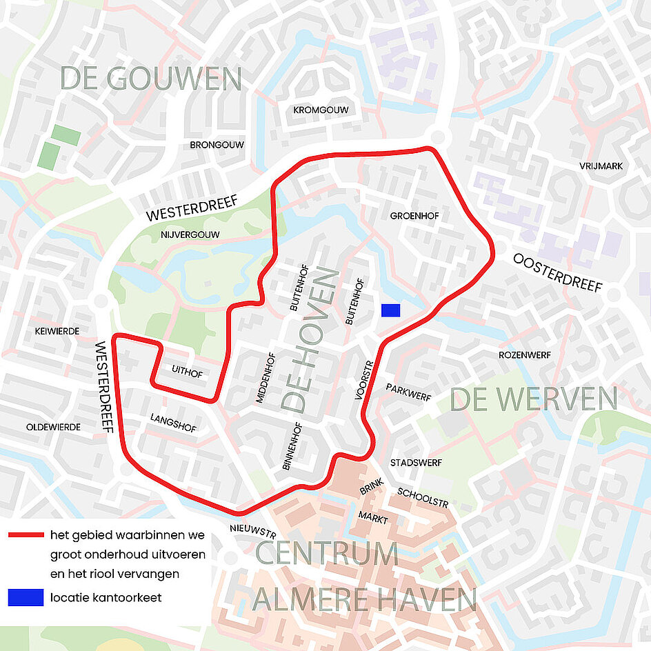 Werkzaamhedenkaart groot onderhoud De Hoven. Het werkgebied is aangegeven met een rode lijn. De locatie van de bouwkeet is aangegeven.