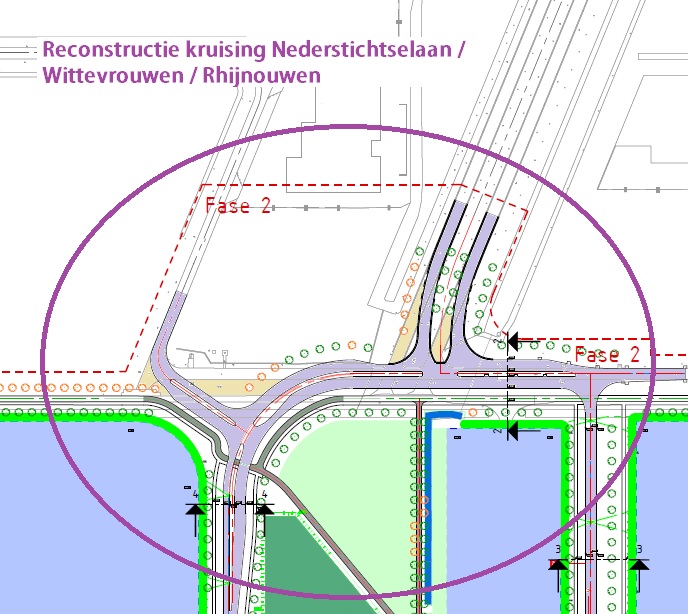 Situatie Fase 2 reconstructie kruising Nederstichtselaan/Wittevrouwen/Rhijnouwen Almere Stichtse kant