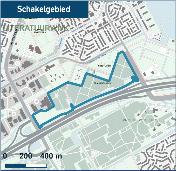 Plattegrond Schakelgebied. Het Schakelgebied zit ten zuiden van Stedenwijk, noordelijk van snelweg A6