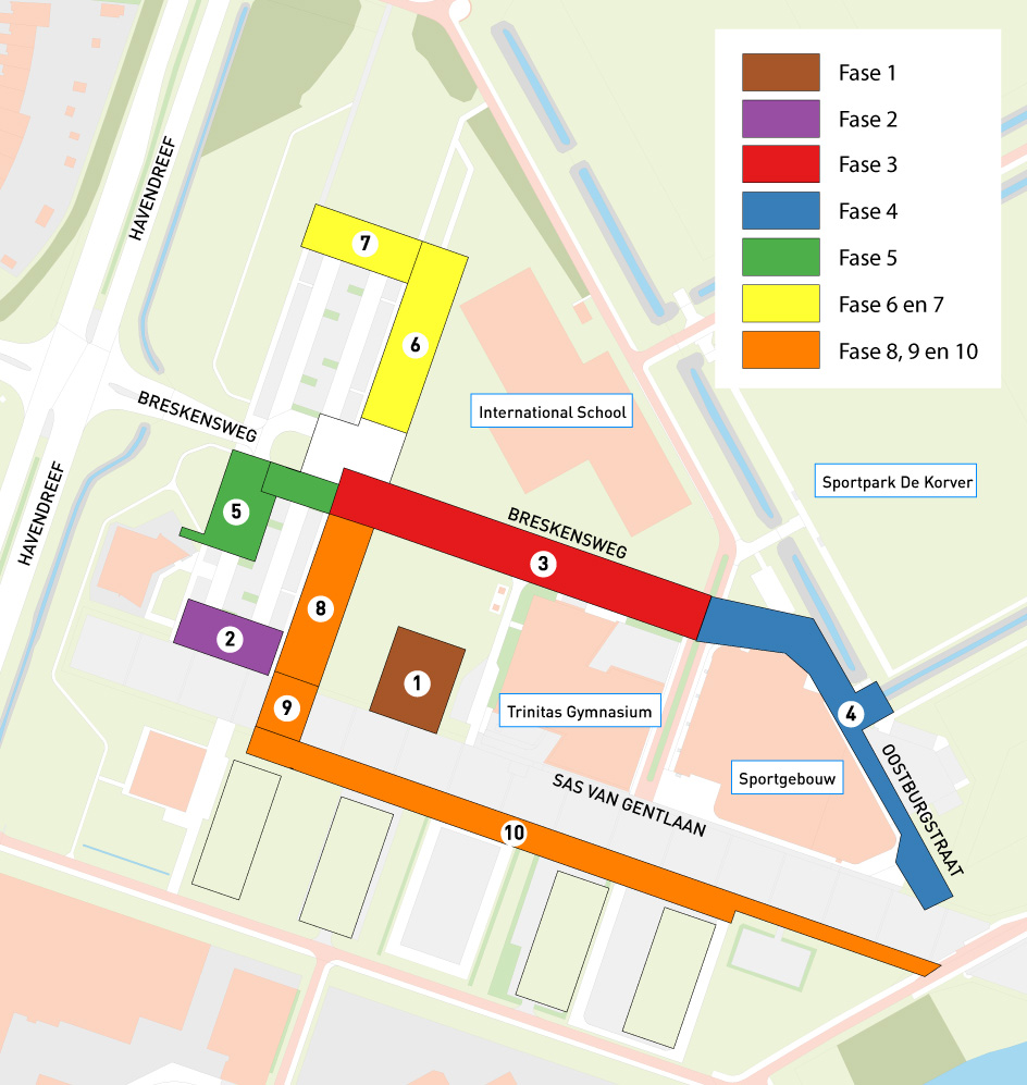 De fases van de werkzaamheden. Op de pagina staan de plekken ook in tekst uitgeschreven.